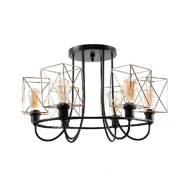 6/8 Bulbs Wire Cage Semi Flush Chandelier with Square Shade Vintage Gold Metal Hanging Light for Living Room 6 Gold Clearhalo 'Ceiling Lights' 'Close To Ceiling Lights' 'Close to ceiling' 'Semi-flushmount' Lighting' 84593