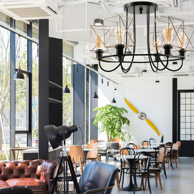 6/8 Bulbs Wire Cage Semi Flush Chandelier with Square Shade Vintage Gold Metal Hanging Light for Living Room Clearhalo 'Ceiling Lights' 'Close To Ceiling Lights' 'Close to ceiling' 'Semi-flushmount' Lighting' 84594