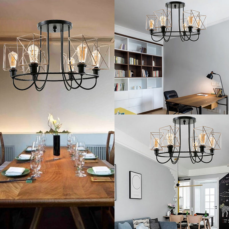 6/8 Bulbs Wire Cage Semi Flush Chandelier with Square Shade Vintage Gold Metal Hanging Light for Living Room Clearhalo 'Ceiling Lights' 'Close To Ceiling Lights' 'Close to ceiling' 'Semi-flushmount' Lighting' 84595
