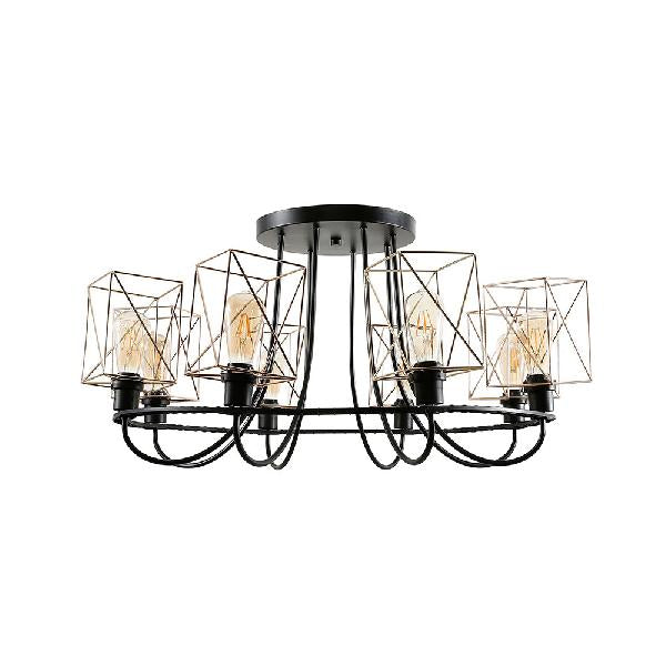 6/8 Bulbs Wire Cage Semi Flush Chandelier with Square Shade Vintage Gold Metal Hanging Light for Living Room 8 Gold Clearhalo 'Ceiling Lights' 'Close To Ceiling Lights' 'Close to ceiling' 'Semi-flushmount' Lighting' 84596