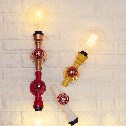 Metallic Pipe Sconce Lamp Industrial 1 Bulb Farmhouse Wall Light Fixture with Red Valve in White/Red, 1/5-Pack Gold-Red-Yellow-White 5.0 Clearhalo 'Art deco wall lights' 'Cast Iron' 'Glass' 'Industrial wall lights' 'Industrial' 'Middle century wall lights' 'Modern' 'Rustic wall lights' 'Tiffany' 'Traditional wall lights' 'Wall Lamps & Sconces' 'Wall Lights' Lighting' 84604