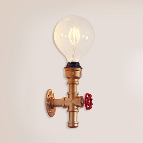 Metallic Pipe Sconce Lamp Industrial 1 Bulb Farmhouse Wall Light Fixture with Red Valve in White/Red, 1/5-Pack Gold 1.0 Clearhalo 'Art deco wall lights' 'Cast Iron' 'Glass' 'Industrial wall lights' 'Industrial' 'Middle century wall lights' 'Modern' 'Rustic wall lights' 'Tiffany' 'Traditional wall lights' 'Wall Lamps & Sconces' 'Wall Lights' Lighting' 84605
