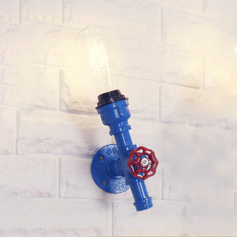 Metallic Pipe Sconce Lamp Industrial 1 Bulb Farmhouse Wall Light Fixture with Red Valve in White/Red, 1/5-Pack Blue 1.0 Clearhalo 'Art deco wall lights' 'Cast Iron' 'Glass' 'Industrial wall lights' 'Industrial' 'Middle century wall lights' 'Modern' 'Rustic wall lights' 'Tiffany' 'Traditional wall lights' 'Wall Lamps & Sconces' 'Wall Lights' Lighting' 84613