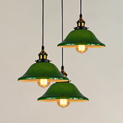 3 Lights Multiple Hanging Light Industrial Flared Green Glass Pendant Lighting in Brass Green Round Clearhalo 'Ceiling Lights' 'Glass shade' 'Glass' 'Industrial Pendants' 'Industrial' 'Middle Century Pendants' 'Pendant Lights' 'Pendants' 'Tiffany' Lighting' 85089