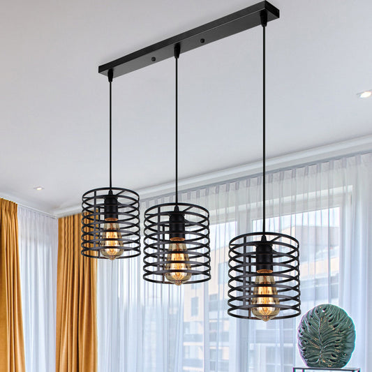 Cylindrical Metallic Hanging Light with Cage Shade Industrial 3 Bulbs Dining Room Suspended Lamp in Black Black Linear Clearhalo 'Art Deco Pendants' 'Black' 'Cast Iron' 'Ceiling Lights' 'Ceramic' 'Crystal' 'Industrial Pendants' 'Industrial' 'Metal' 'Middle Century Pendants' 'Pendant Lights' 'Pendants' 'Rustic Pendants' 'Tiffany' Lighting' 85112