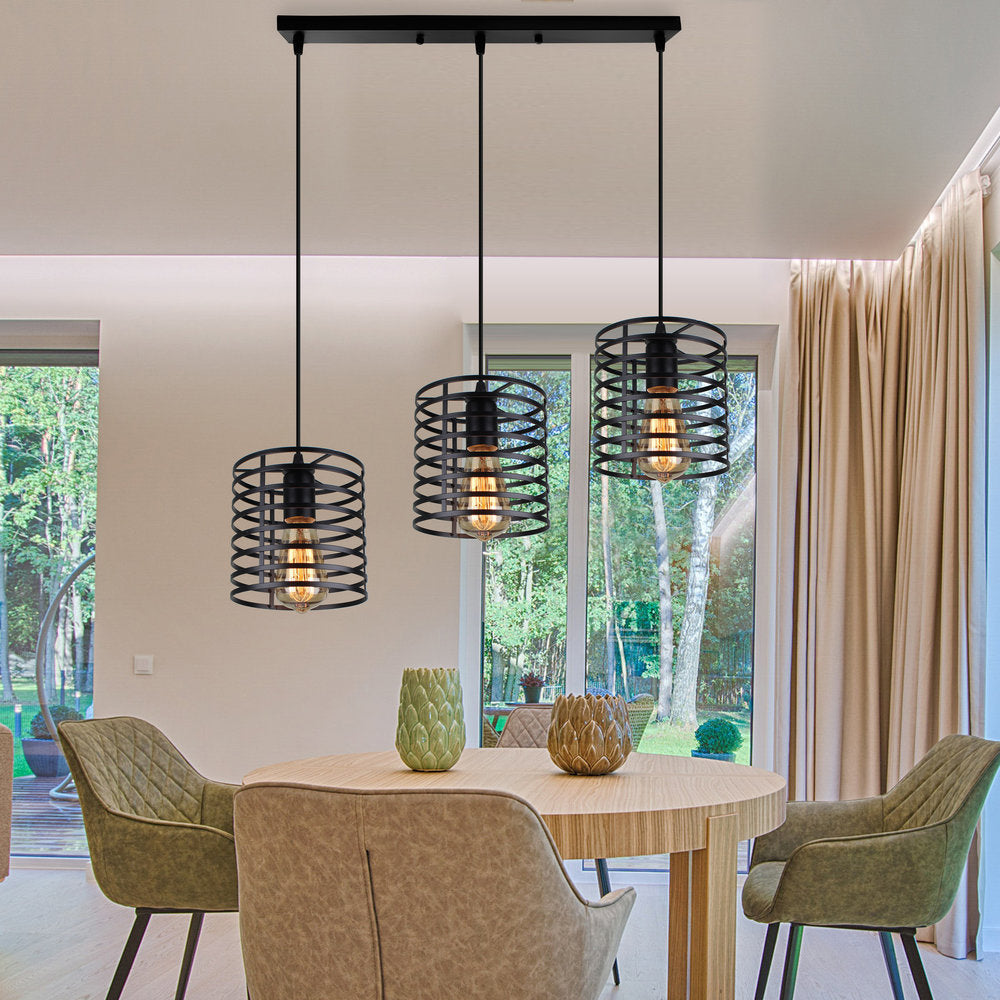 Cylindrical Metallic Hanging Light with Cage Shade Industrial 3 Bulbs Dining Room Suspended Lamp in Black Clearhalo 'Art Deco Pendants' 'Black' 'Cast Iron' 'Ceiling Lights' 'Ceramic' 'Crystal' 'Industrial Pendants' 'Industrial' 'Metal' 'Middle Century Pendants' 'Pendant Lights' 'Pendants' 'Rustic Pendants' 'Tiffany' Lighting' 85113