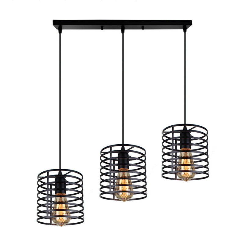 Cylindrical Metallic Hanging Light with Cage Shade Industrial 3 Bulbs Dining Room Suspended Lamp in Black Clearhalo 'Art Deco Pendants' 'Black' 'Cast Iron' 'Ceiling Lights' 'Ceramic' 'Crystal' 'Industrial Pendants' 'Industrial' 'Metal' 'Middle Century Pendants' 'Pendant Lights' 'Pendants' 'Rustic Pendants' 'Tiffany' Lighting' 85114
