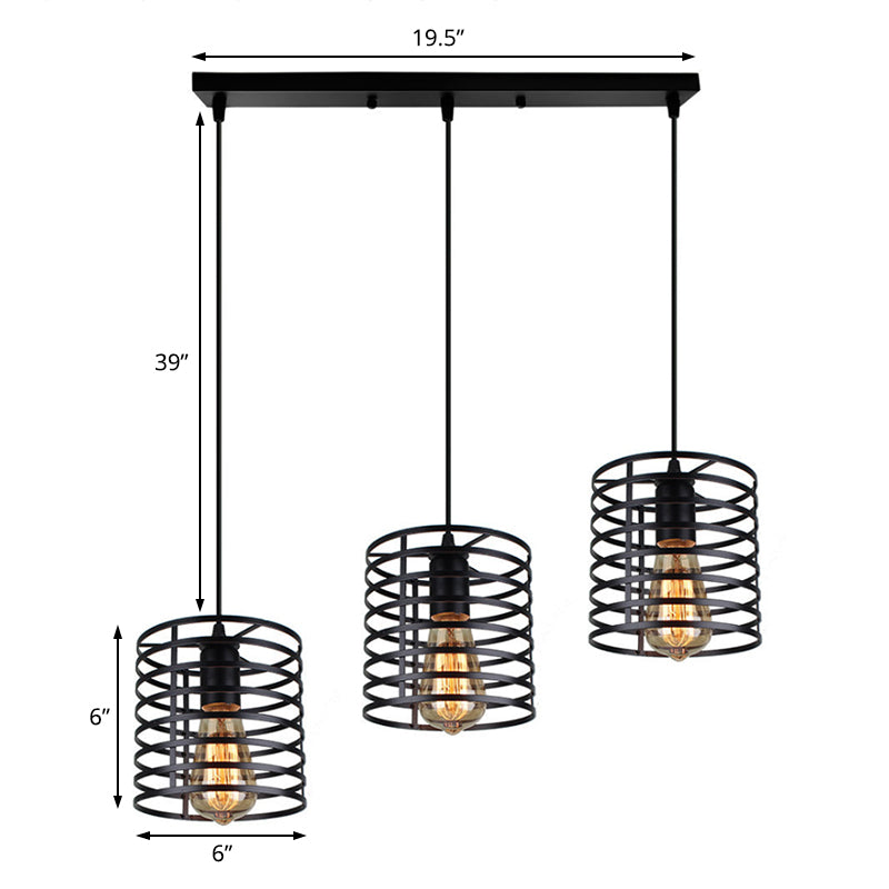 Cylindrical Metallic Hanging Light with Cage Shade Industrial 3 Bulbs Dining Room Suspended Lamp in Black Clearhalo 'Art Deco Pendants' 'Black' 'Cast Iron' 'Ceiling Lights' 'Ceramic' 'Crystal' 'Industrial Pendants' 'Industrial' 'Metal' 'Middle Century Pendants' 'Pendant Lights' 'Pendants' 'Rustic Pendants' 'Tiffany' Lighting' 85115
