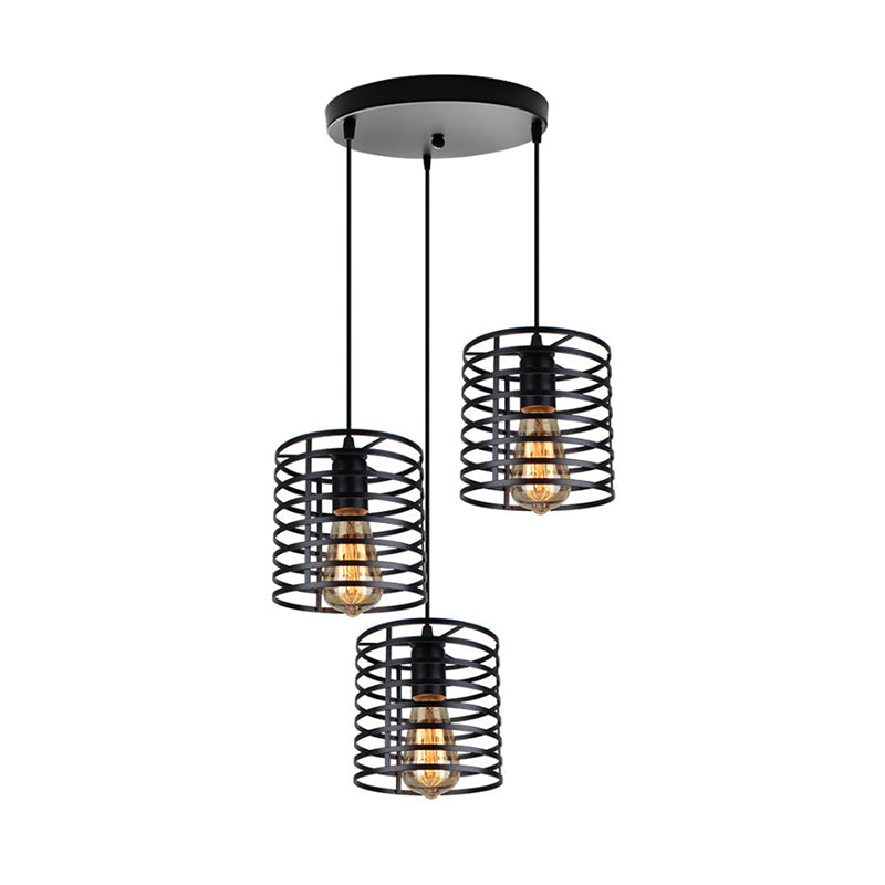 Cylindrical Metallic Hanging Light with Cage Shade Industrial 3 Bulbs Dining Room Suspended Lamp in Black Clearhalo 'Art Deco Pendants' 'Black' 'Cast Iron' 'Ceiling Lights' 'Ceramic' 'Crystal' 'Industrial Pendants' 'Industrial' 'Metal' 'Middle Century Pendants' 'Pendant Lights' 'Pendants' 'Rustic Pendants' 'Tiffany' Lighting' 85118