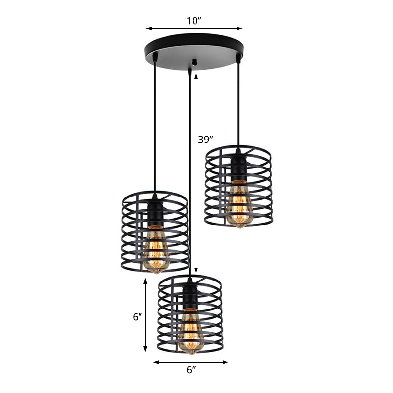 Cylindrical Metallic Hanging Light with Cage Shade Industrial 3 Bulbs Dining Room Suspended Lamp in Black Clearhalo 'Art Deco Pendants' 'Black' 'Cast Iron' 'Ceiling Lights' 'Ceramic' 'Crystal' 'Industrial Pendants' 'Industrial' 'Metal' 'Middle Century Pendants' 'Pendant Lights' 'Pendants' 'Rustic Pendants' 'Tiffany' Lighting' 85119