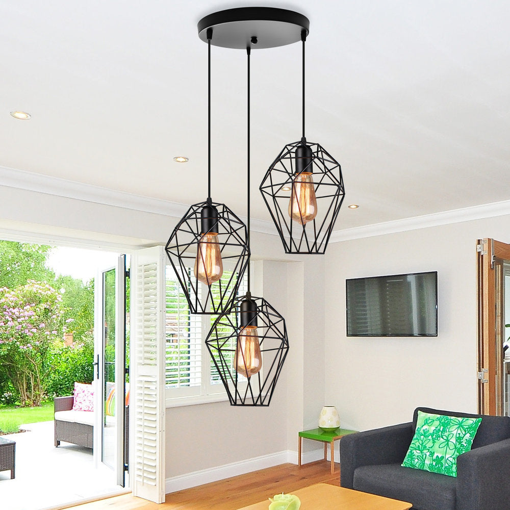 Metallic Black Suspended Light Geometric 3 Bulbs Vintage Ceiling Pendant Lamp with Cage Shade and Round/Linear Canopy Clearhalo 'Art Deco Pendants' 'Black' 'Cast Iron' 'Ceiling Lights' 'Ceramic' 'Crystal' 'Industrial Pendants' 'Industrial' 'Metal' 'Middle Century Pendants' 'Pendant Lights' 'Pendants' 'Rustic Pendants' 'Tiffany' Lighting' 85126