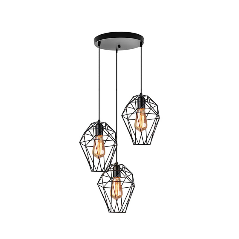 Metallic Black Suspended Light Geometric 3 Bulbs Vintage Ceiling Pendant Lamp with Cage Shade and Round/Linear Canopy Clearhalo 'Art Deco Pendants' 'Black' 'Cast Iron' 'Ceiling Lights' 'Ceramic' 'Crystal' 'Industrial Pendants' 'Industrial' 'Metal' 'Middle Century Pendants' 'Pendant Lights' 'Pendants' 'Rustic Pendants' 'Tiffany' Lighting' 85127