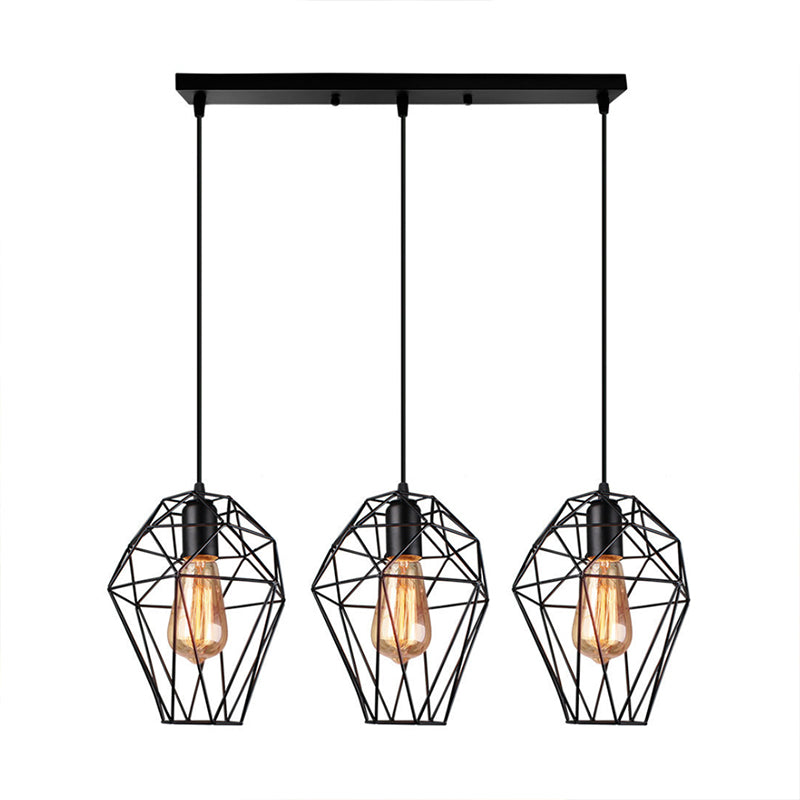 Metallic Black Suspended Light Geometric 3 Bulbs Vintage Ceiling Pendant Lamp with Cage Shade and Round/Linear Canopy Clearhalo 'Art Deco Pendants' 'Black' 'Cast Iron' 'Ceiling Lights' 'Ceramic' 'Crystal' 'Industrial Pendants' 'Industrial' 'Metal' 'Middle Century Pendants' 'Pendant Lights' 'Pendants' 'Rustic Pendants' 'Tiffany' Lighting' 85131