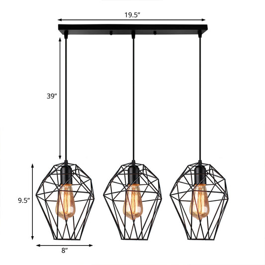 Metallic Black Suspended Light Geometric 3 Bulbs Vintage Ceiling Pendant Lamp with Cage Shade and Round/Linear Canopy Clearhalo 'Art Deco Pendants' 'Black' 'Cast Iron' 'Ceiling Lights' 'Ceramic' 'Crystal' 'Industrial Pendants' 'Industrial' 'Metal' 'Middle Century Pendants' 'Pendant Lights' 'Pendants' 'Rustic Pendants' 'Tiffany' Lighting' 85132