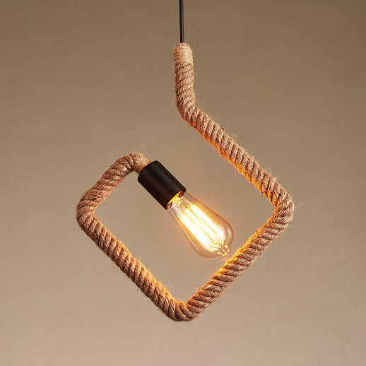 1 Light Triangle/Round Frame Hanging Lamp Vintage Black Finish Hemp Rope Suspension Lamp Clearhalo 'Ceiling Lights' 'Industrial Pendants' 'Industrial' 'Middle Century Pendants' 'Pendant Lights' 'Pendants' 'Tiffany' Lighting' 85218