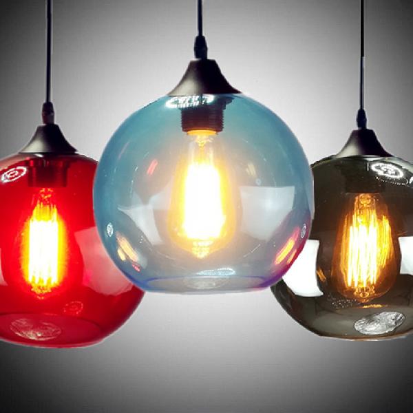 Globe Pendant Light Industrial 1 Light 8"/10" Wide Grey/Red/Blue Glass Hanging Lamp in Black Clearhalo 'Ceiling Lights' 'Close To Ceiling Lights' 'Glass shade' 'Glass' 'Industrial Pendants' 'Industrial' 'Middle Century Pendants' 'Pendant Lights' 'Pendants' 'Tiffany' Lighting' 85222