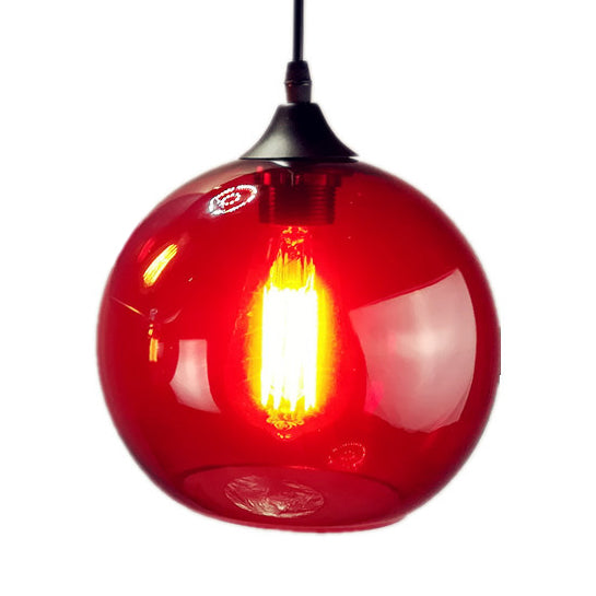 Globe Pendant Light Industrial 1 Light 8"/10" Wide Grey/Red/Blue Glass Hanging Lamp in Black Red Clearhalo 'Ceiling Lights' 'Close To Ceiling Lights' 'Glass shade' 'Glass' 'Industrial Pendants' 'Industrial' 'Middle Century Pendants' 'Pendant Lights' 'Pendants' 'Tiffany' Lighting' 85224