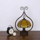 Bronze 1 Head Table Lamp Tiffany Amber Glass Scallop-Edge Dome Night Light with Scroll Ring Arm Bronze Clearhalo 'Lamps' 'Table Lamps' Lighting' 852250