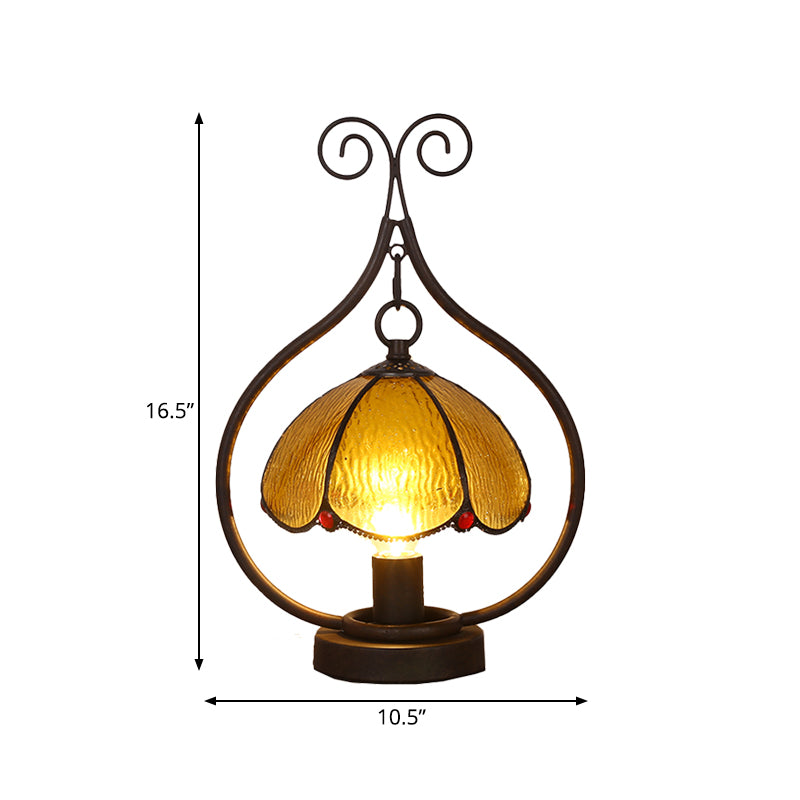 Bronze 1 Head Table Lamp Tiffany Amber Glass Scallop-Edge Dome Night Light with Scroll Ring Arm Clearhalo 'Lamps' 'Table Lamps' Lighting' 852253