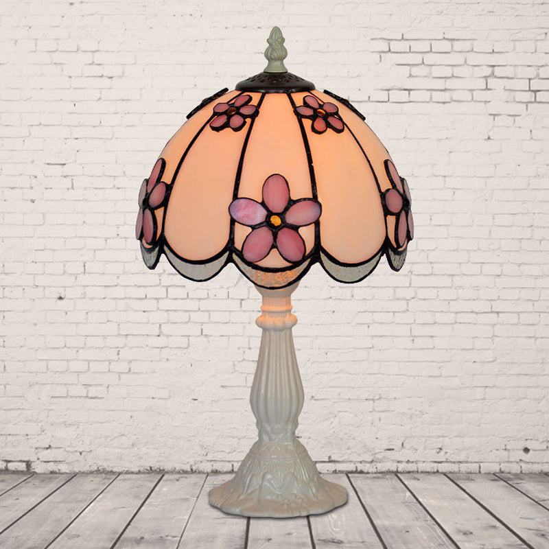 Scalloped-Trim Dome Table Lamp Tiffany Ice Clear Glass Single White/Coffee Night Light with Flower Pattern White Clearhalo 'Lamps' 'Table Lamps' Lighting' 852266