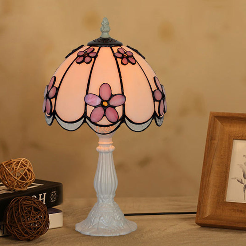 Scalloped-Trim Dome Table Lamp Tiffany Ice Clear Glass Single White/Coffee Night Light with Flower Pattern Clearhalo 'Lamps' 'Table Lamps' Lighting' 852268