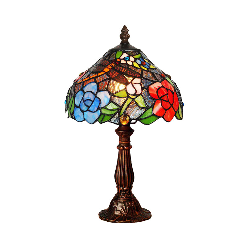 1-Light Peony Patterned Table Lighting Tiffany Bronze Stained Glass Night Stand Lamp Clearhalo 'Lamps' 'Table Lamps' Lighting' 852276