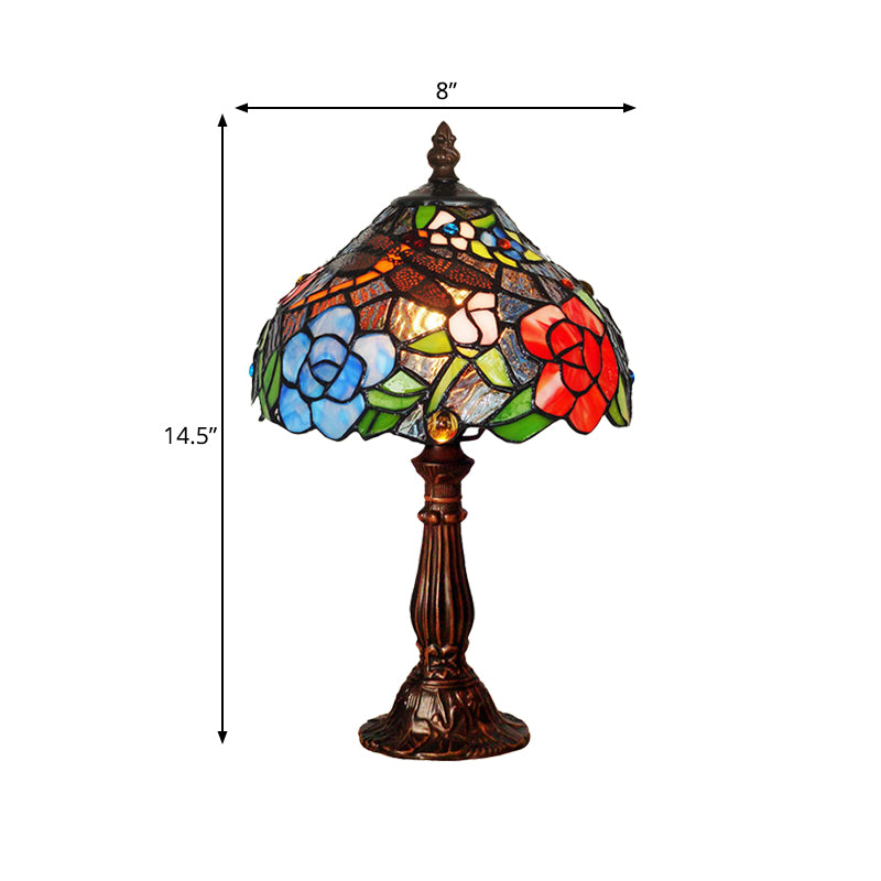1-Light Peony Patterned Table Lighting Tiffany Bronze Stained Glass Night Stand Lamp Clearhalo 'Lamps' 'Table Lamps' Lighting' 852277