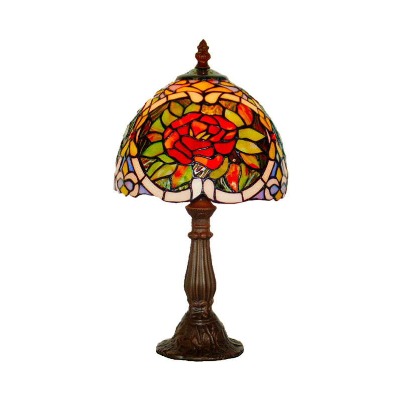 Rose Blossom Stained Glass Night Lamp Tiffany-Style 1 Bulb Bronze Finish Table Light for Bedroom Clearhalo 'Lamps' 'Table Lamps' Lighting' 852279