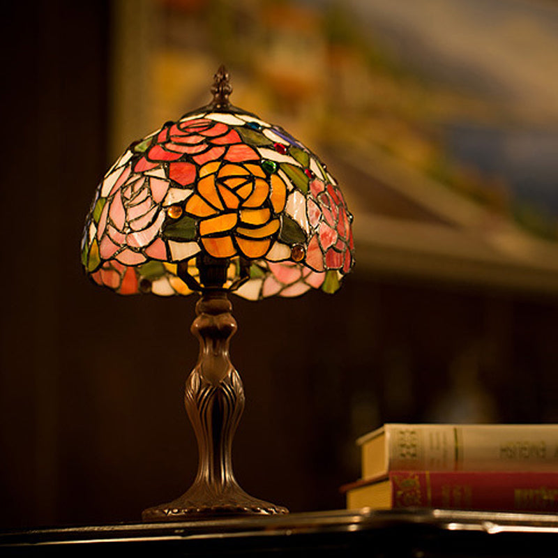 Rosebush Nightstand Light 1-Head Cut Stained Glass Tiffany Table Lamp with Bowl Shade in Bronze Bronze Clearhalo 'Lamps' 'Table Lamps' Lighting' 852282