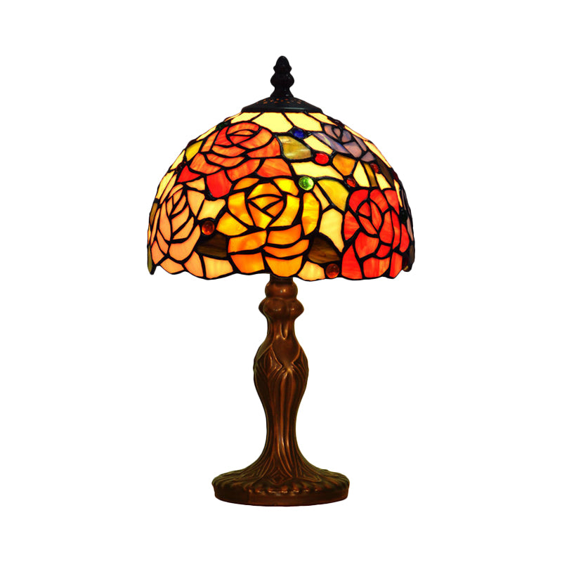 Rosebush Nightstand Light 1-Head Cut Stained Glass Tiffany Table Lamp with Bowl Shade in Bronze Clearhalo 'Lamps' 'Table Lamps' Lighting' 852283