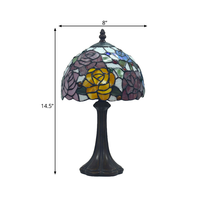 Rosebush Nightstand Light 1-Head Cut Stained Glass Tiffany Table Lamp with Bowl Shade in Bronze Clearhalo 'Lamps' 'Table Lamps' Lighting' 852285