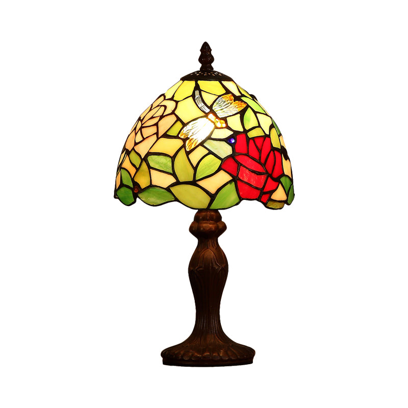 Dark Brown 1 Bulb Night Light Victorian Stained Glass Dragonfly and Rose Patterned Table Lamp Clearhalo 'Lamps' 'Table Lamps' Lighting' 852288