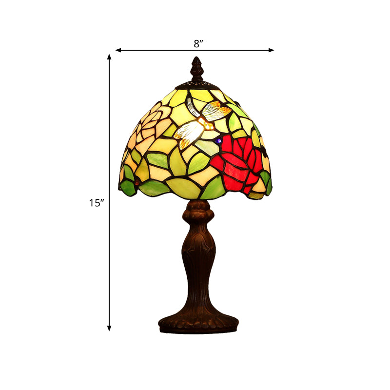 Dark Brown 1 Bulb Night Light Victorian Stained Glass Dragonfly and Rose Patterned Table Lamp Clearhalo 'Lamps' 'Table Lamps' Lighting' 852289