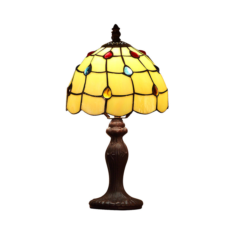 Stained Glass Dark Brown Table Light Jewel-Embellished Scalloped 1 Bulb Tiffany Nightstand Lamp Clearhalo 'Lamps' 'Table Lamps' Lighting' 852303