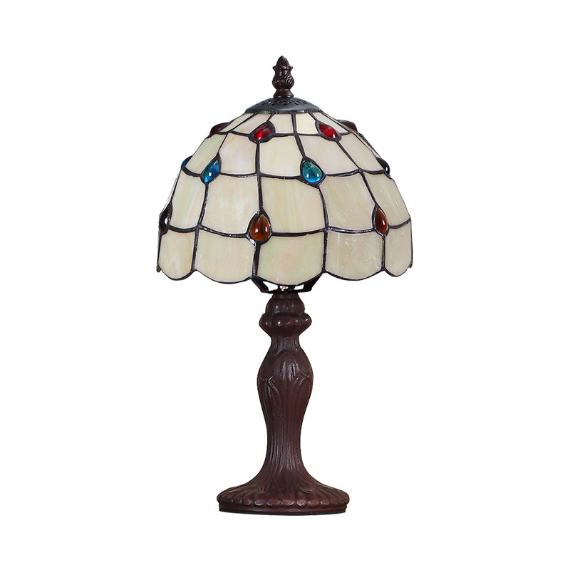 Stained Glass Dark Brown Table Light Jewel-Embellished Scalloped 1 Bulb Tiffany Nightstand Lamp Clearhalo 'Lamps' 'Table Lamps' Lighting' 852304