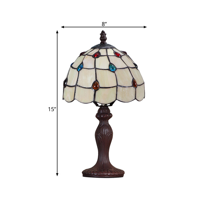 Stained Glass Dark Brown Table Light Jewel-Embellished Scalloped 1 Bulb Tiffany Nightstand Lamp Clearhalo 'Lamps' 'Table Lamps' Lighting' 852305