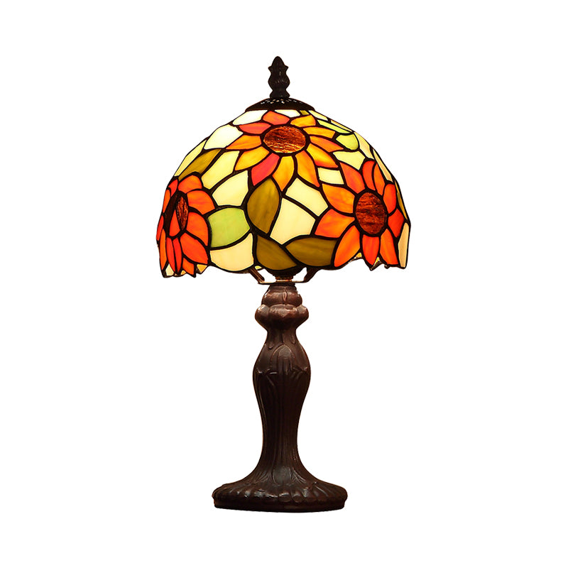 Dome Shape Night Lamp 1-Head Sunflower Patterned Glass Tiffany Table Light in Dark Brown Clearhalo 'Lamps' 'Table Lamps' Lighting' 852308