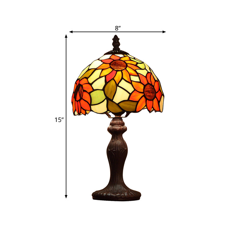 Dome Shape Night Lamp 1-Head Sunflower Patterned Glass Tiffany Table Light in Dark Brown Clearhalo 'Lamps' 'Table Lamps' Lighting' 852309