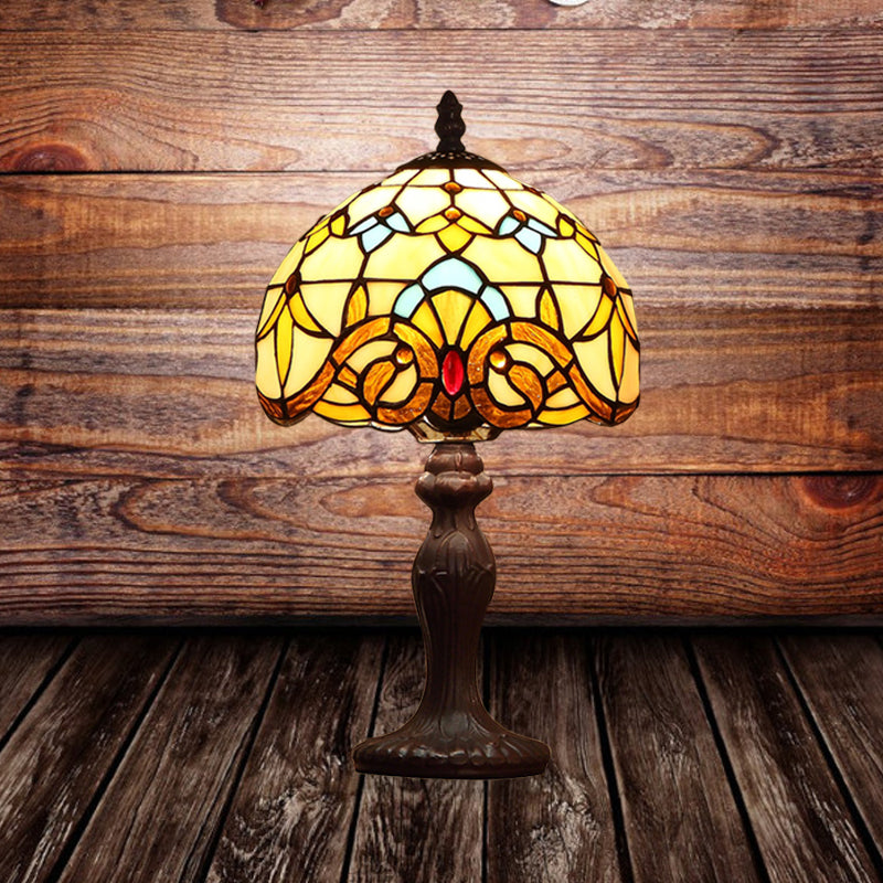 1 Bulb Domed Table Lighting Baroque Dark Coffee Spikelet-Pattern Stained Glass Night Lamp Dark Brown Clearhalo 'Lamps' 'Table Lamps' Lighting' 852314