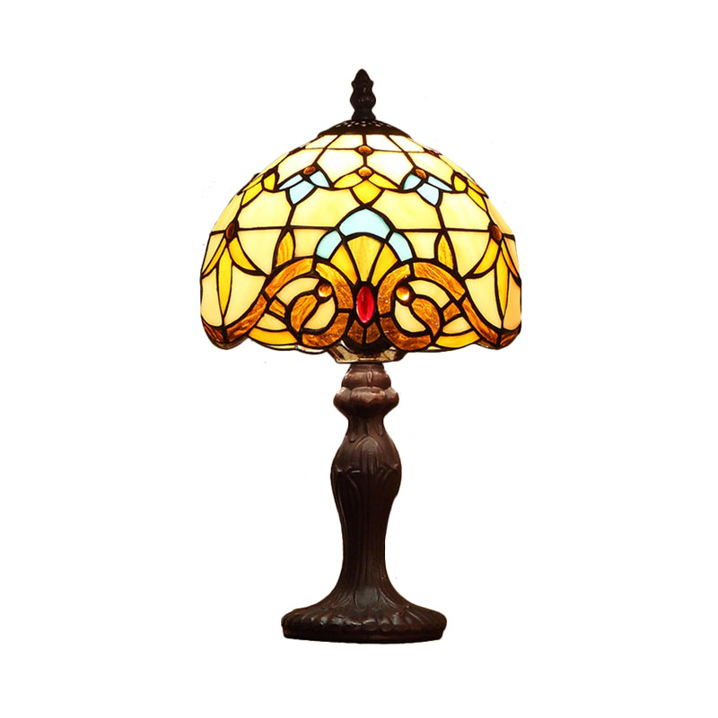 1 Bulb Domed Table Lighting Baroque Dark Coffee Spikelet-Pattern Stained Glass Night Lamp Clearhalo 'Lamps' 'Table Lamps' Lighting' 852316