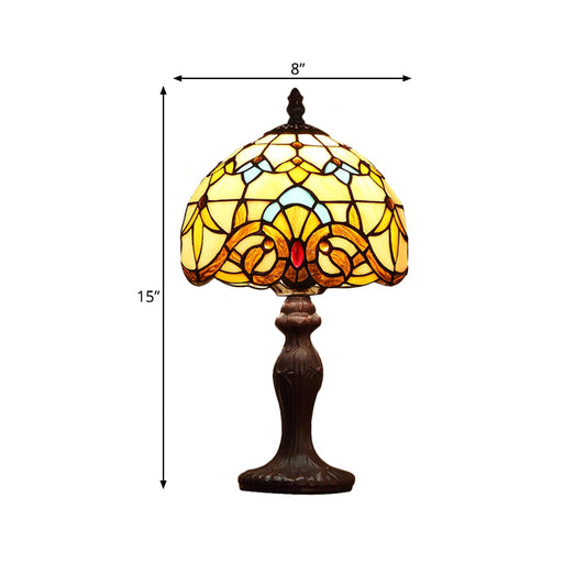 1 Bulb Domed Table Lighting Baroque Dark Coffee Spikelet-Pattern Stained Glass Night Lamp Clearhalo 'Lamps' 'Table Lamps' Lighting' 852317