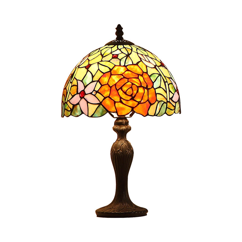 Dark Brown Dome Night Lamp Tiffany-Style Single Handcrafted Art Glass Table Light with Bloom Pattern Clearhalo 'Lamps' 'Table Lamps' Lighting' 852328