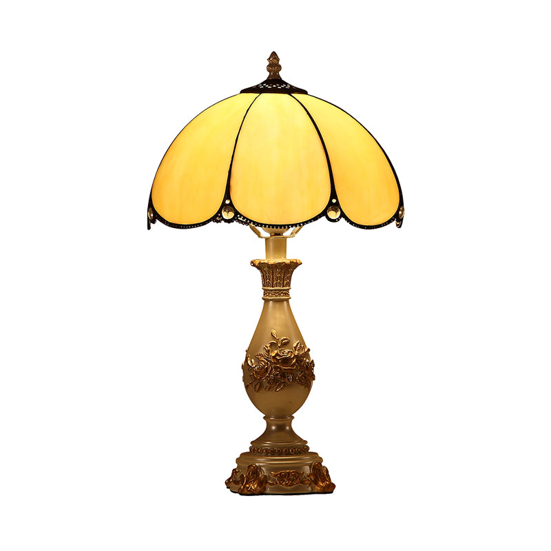 Classic Petals Nightstand Light Single-Bulb Beige Glass Table Lamp with Carved Vase Base Clearhalo 'Lamps' 'Table Lamps' Lighting' 852348