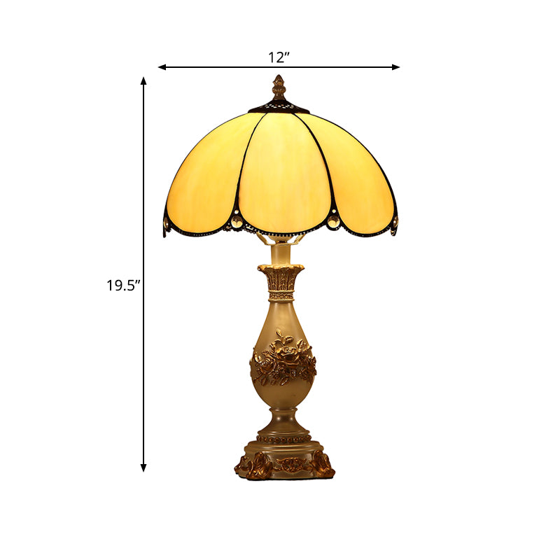 Classic Petals Nightstand Light Single-Bulb Beige Glass Table Lamp with Carved Vase Base Clearhalo 'Lamps' 'Table Lamps' Lighting' 852349