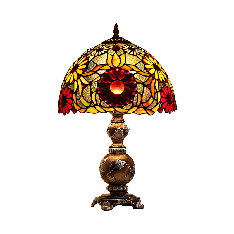 Chrysanths Table Lamp Tiffany Stained Glass 1 Head Brown Night Stand Light with Dome Shade Clearhalo 'Lamps' 'Table Lamps' Lighting' 852352