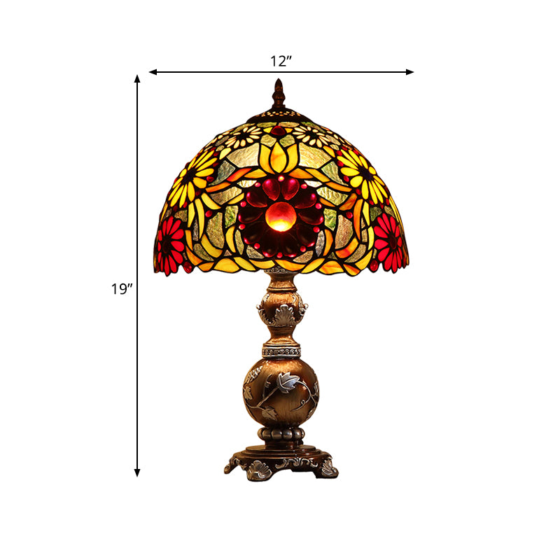 Chrysanths Table Lamp Tiffany Stained Glass 1 Head Brown Night Stand Light with Dome Shade Clearhalo 'Lamps' 'Table Lamps' Lighting' 852353