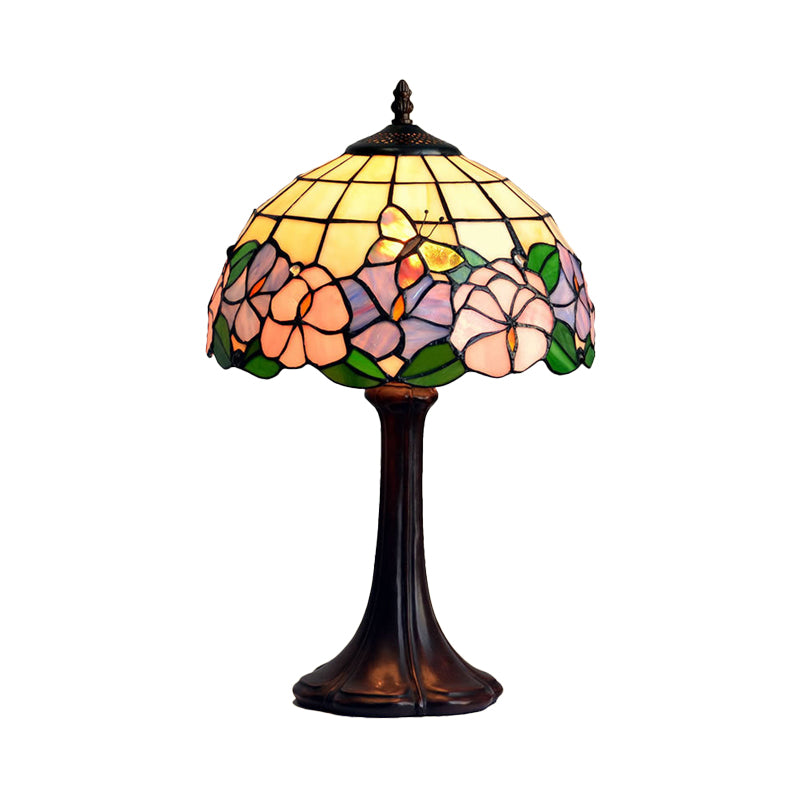 Tiffany Grid Shade Table Lamp 1-Light Hand-Crafted Glass Night Light with Flower and Butterfly Pattern in Coffee Clearhalo 'Lamps' 'Table Lamps' Lighting' 852359