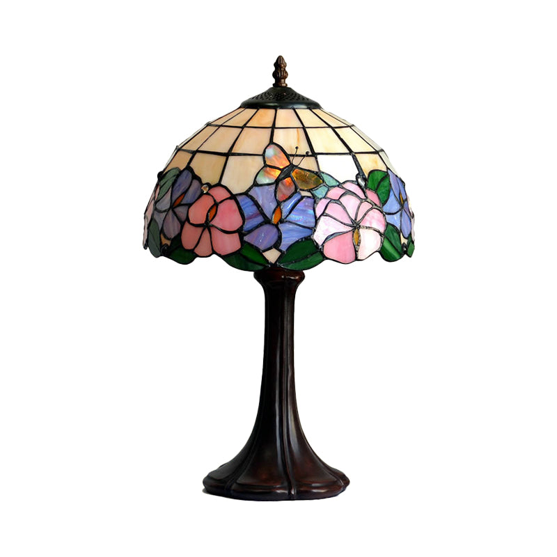 Tiffany Grid Shade Table Lamp 1-Light Hand-Crafted Glass Night Light with Flower and Butterfly Pattern in Coffee Clearhalo 'Lamps' 'Table Lamps' Lighting' 852360