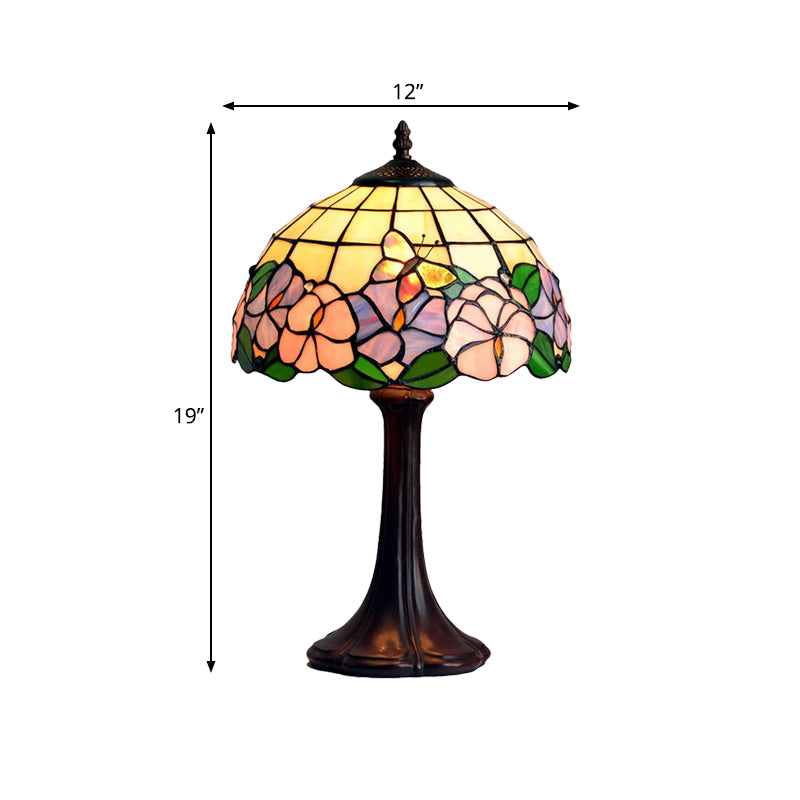 Tiffany Grid Shade Table Lamp 1-Light Hand-Crafted Glass Night Light with Flower and Butterfly Pattern in Coffee Clearhalo 'Lamps' 'Table Lamps' Lighting' 852361