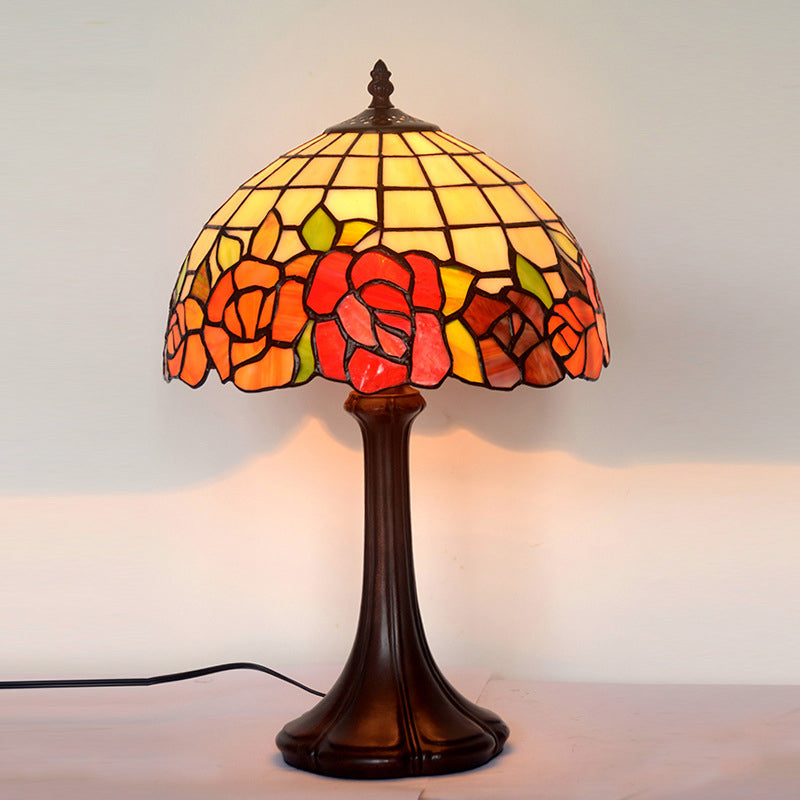 Roseborder Stained Glass Night Lamp Tiffany 1 Bulb Coffee Table Lighting with Grid Lampshade Coffee Clearhalo 'Lamps' 'Table Lamps' Lighting' 852366